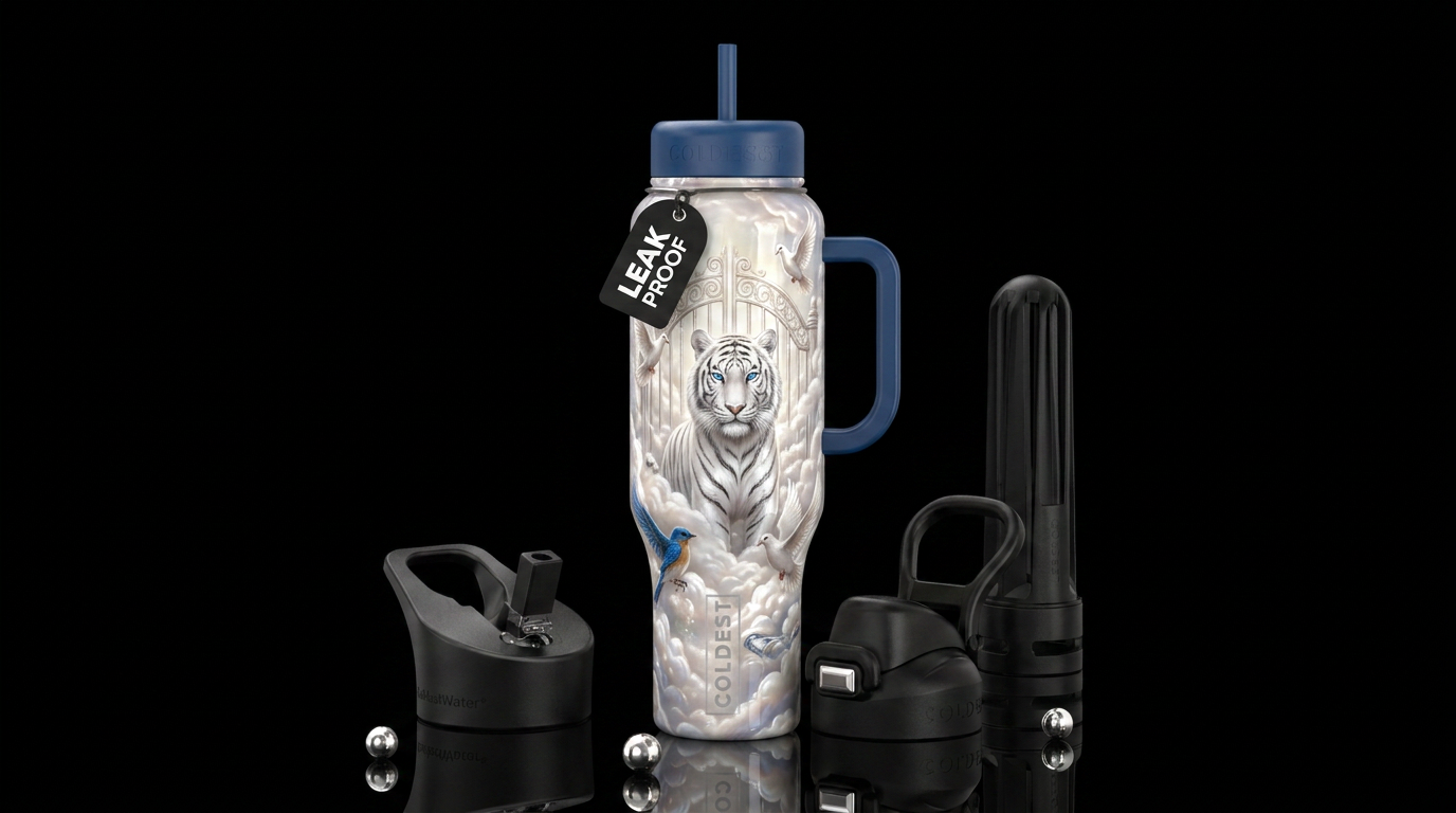 The pearly gates of heaven, doves,white tiger blue... water bottle design