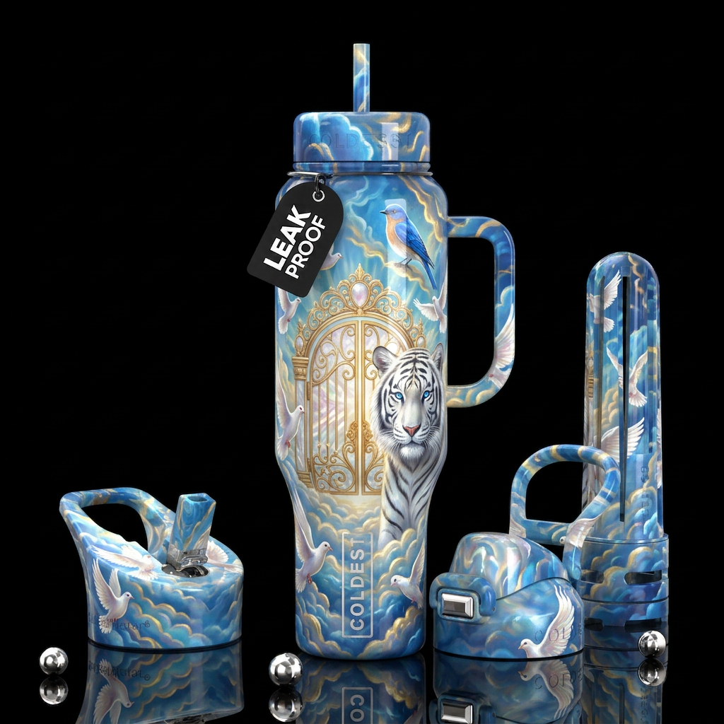 The pearly gates of heaven, doves,white tiger blue... water bottle design