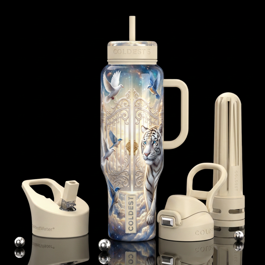 The pearly gates of heaven, doves,white tiger blue... water bottle design
