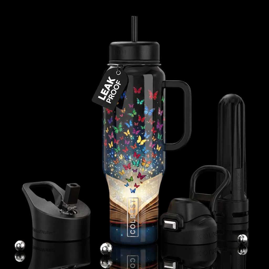 A book opened with pages fluttering and 100's of b... water bottle design