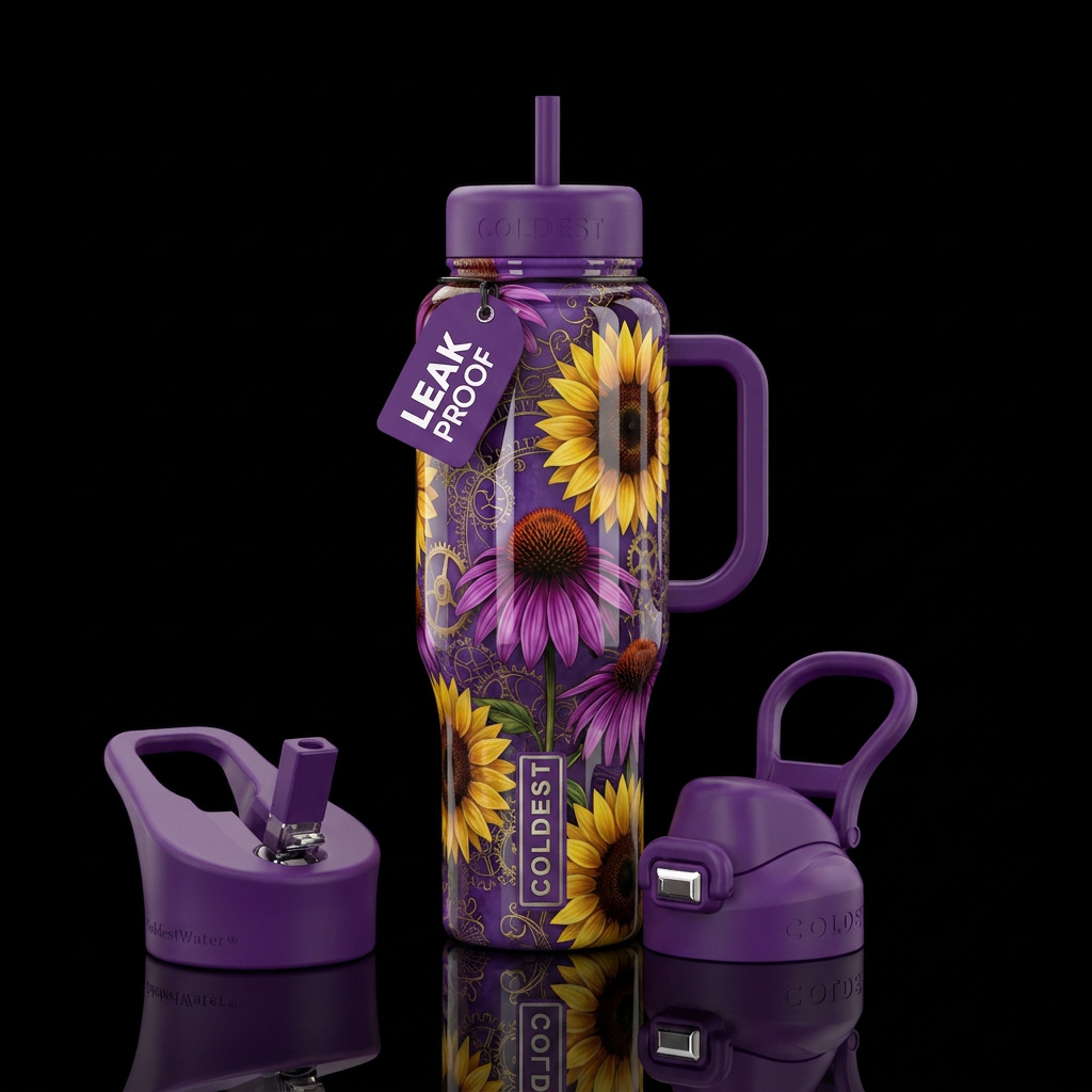Purple industrial bohemian background with sunflow... water bottle design