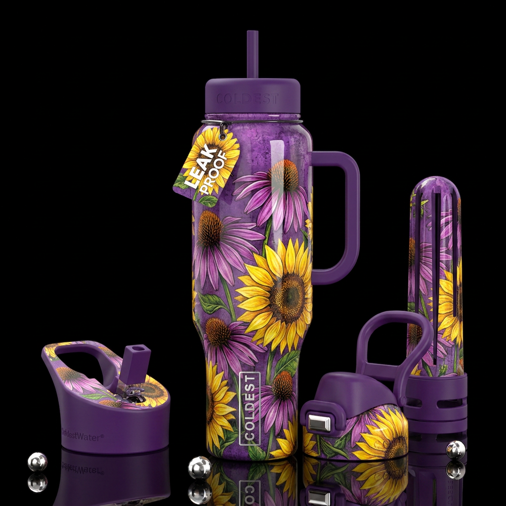 Purple industrial bohemian background with sunflow... water bottle design