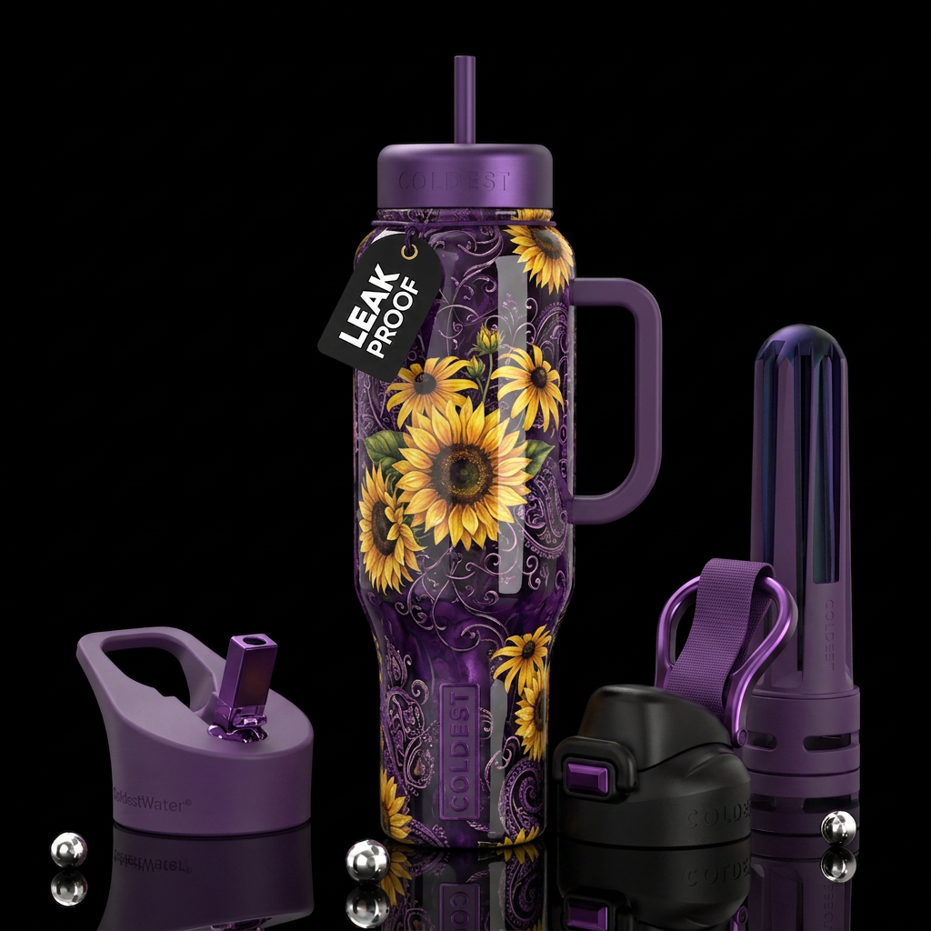 Purple industrial bohemian background with sunflow... water bottle design