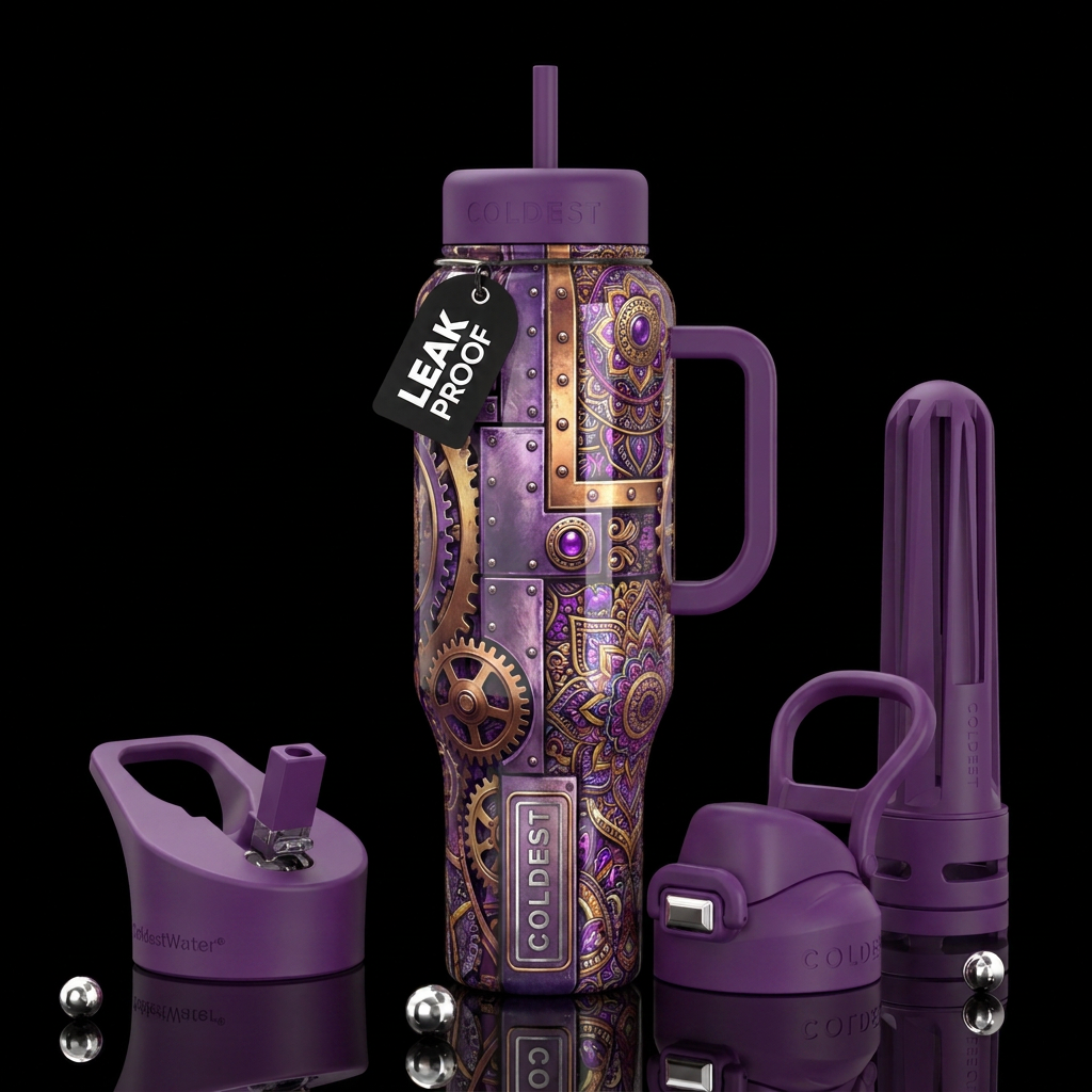 Purple industrial bohemian background glossy, trom... water bottle design