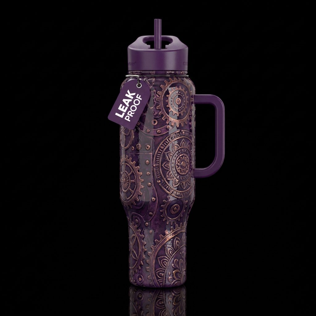 Purple industrial bohemian background glossy, trom... water bottle design