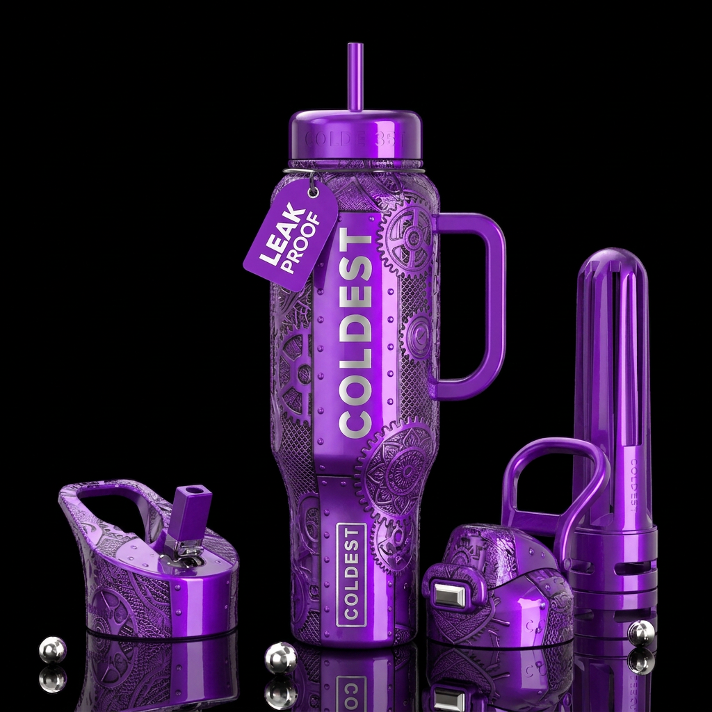 Purple industrial bohemian background glossy, trom... water bottle design