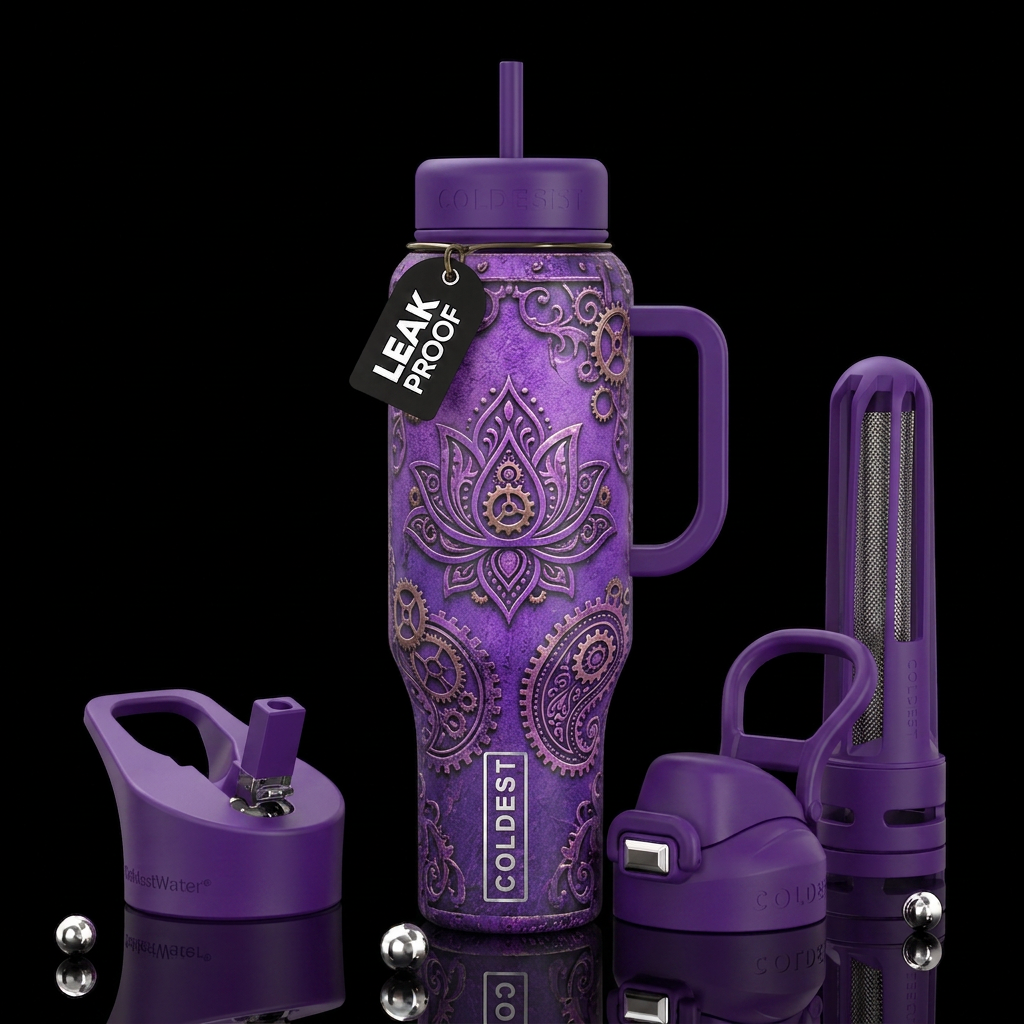 Purple industrial bohemian background glossy, trom... water bottle design