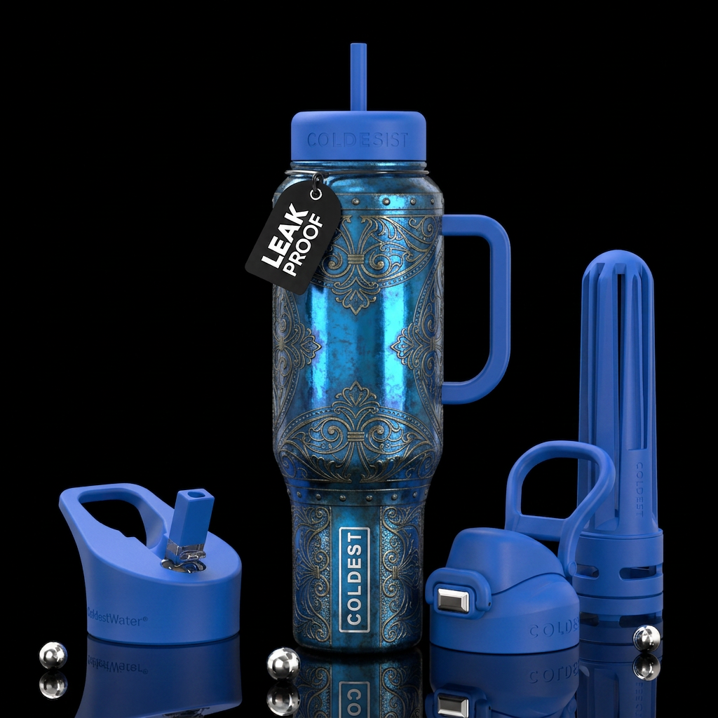 Blue industrial bohemian background glossy, trompe... water bottle design
