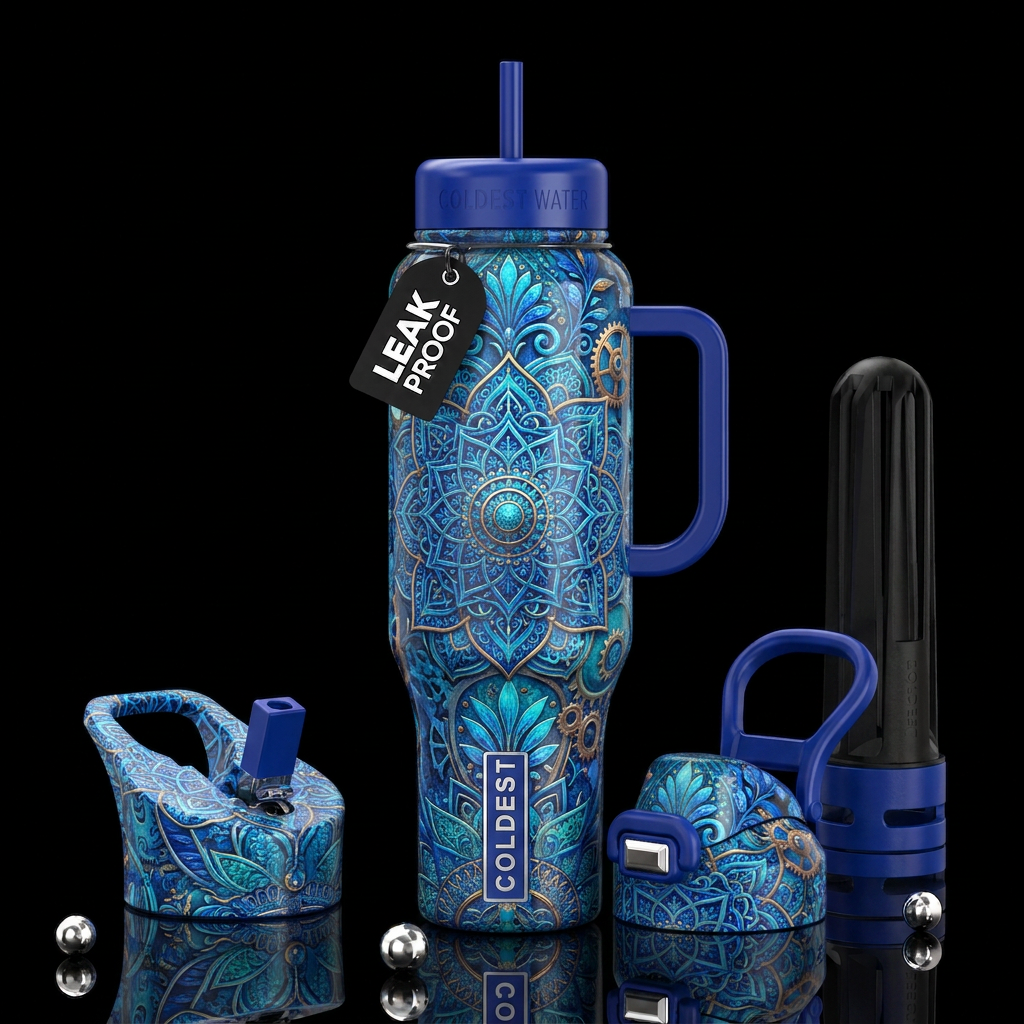 Blue industrial bohemian background glossy, trompe... water bottle design
