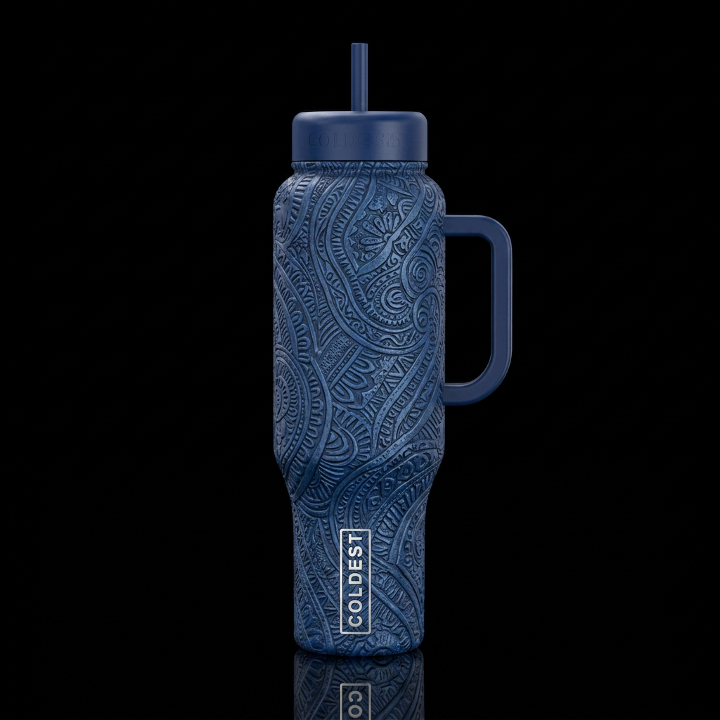 Blue industrial bohemian background glossy, trompe... water bottle design