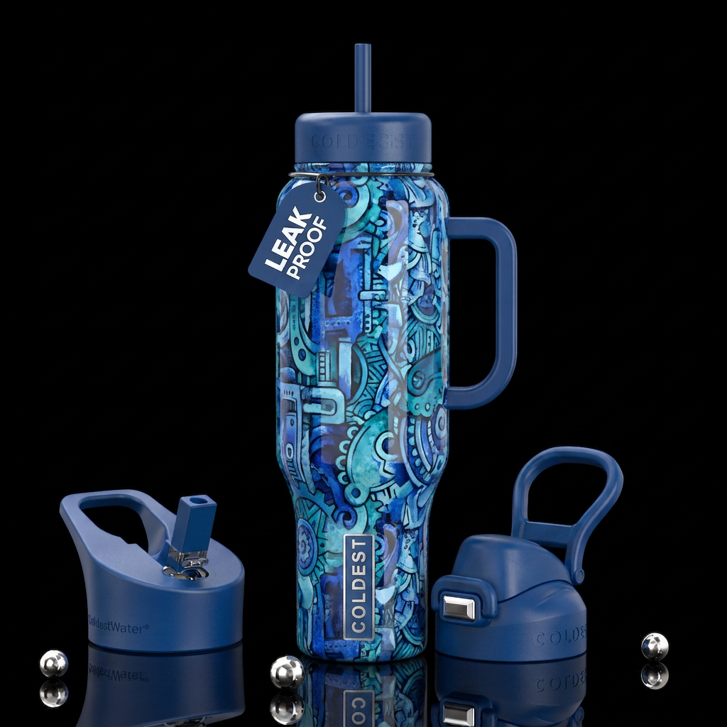 Blue industrial bohemian background, glossy, tromp... water bottle design