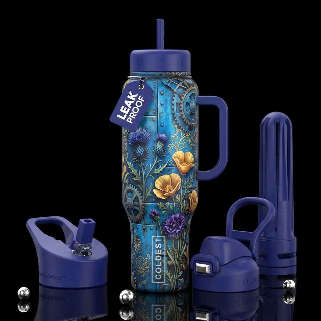 Blue industrial bohemian background,with some flow... water bottle design