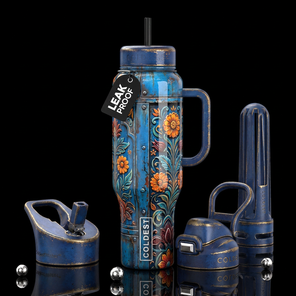 Blue industrial bohemian background,with some flow... water bottle design