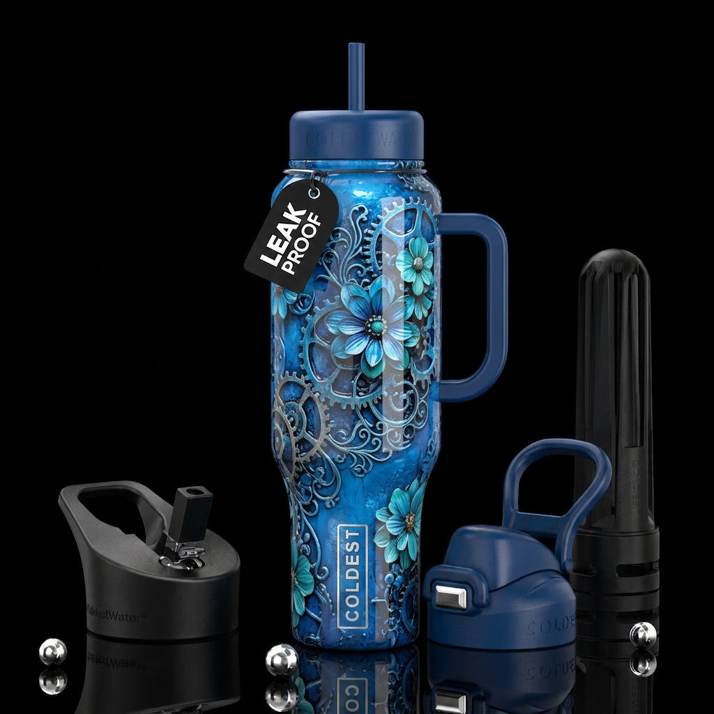Blue industrial bohemian background,with some flow... water bottle design