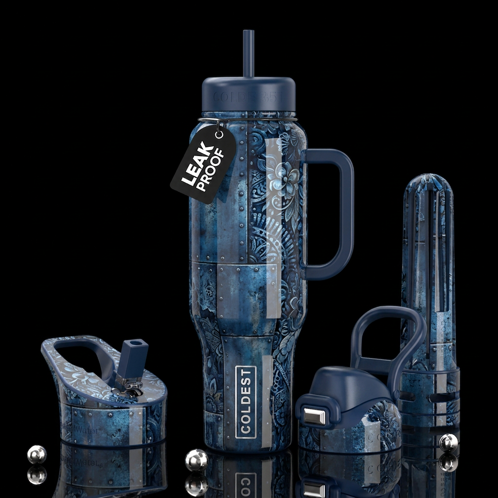Blue industrial bohemian background,with some flow... water bottle design