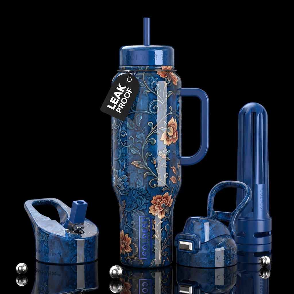 Blue industrial bohemian background,with some flow... water bottle design