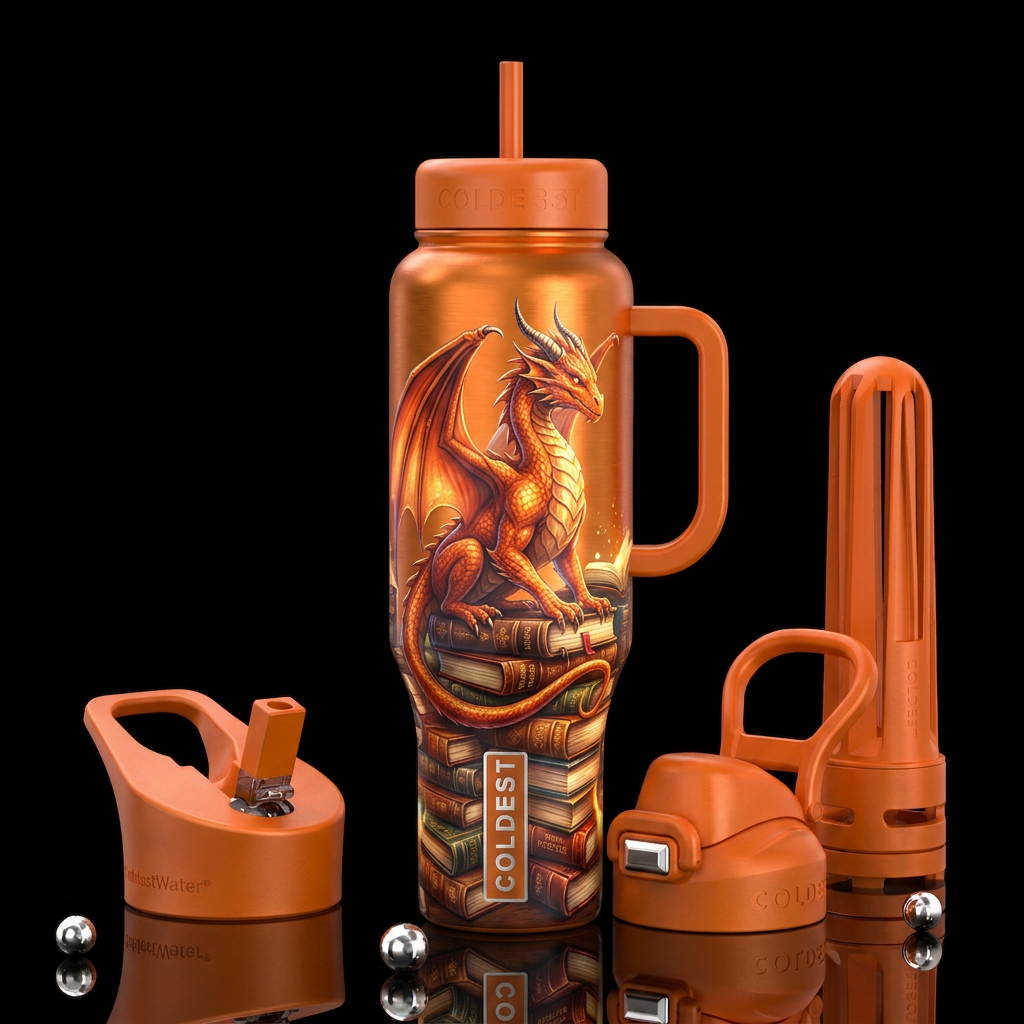 An orange western dragon sitting on a pile of book... water bottle design