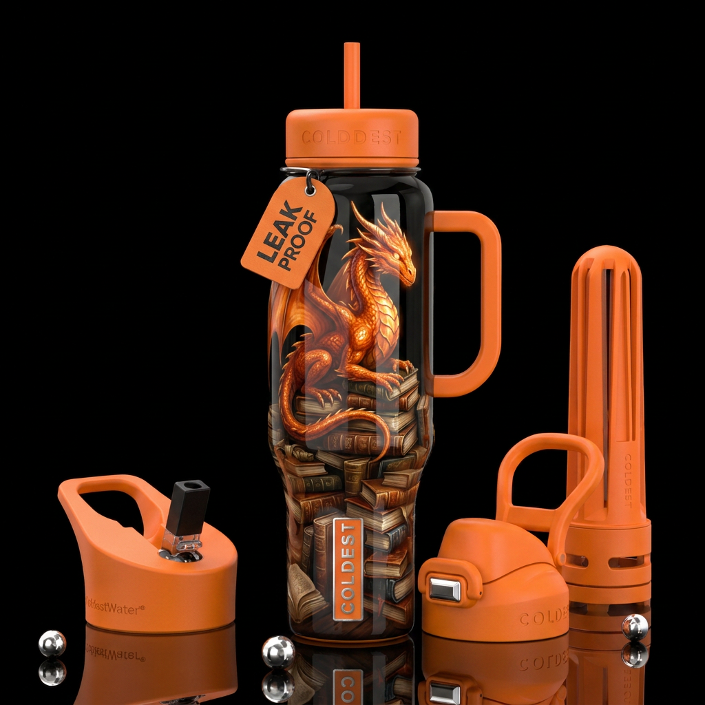 An orange dragon sits atop a mound of books,glossy... water bottle design