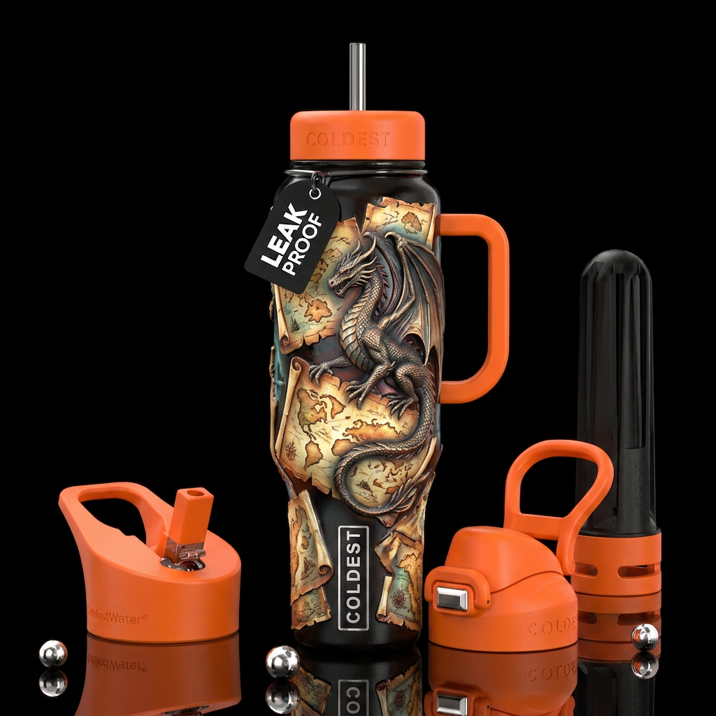 An orange dragon sits atop a mound of disorganized... water bottle design