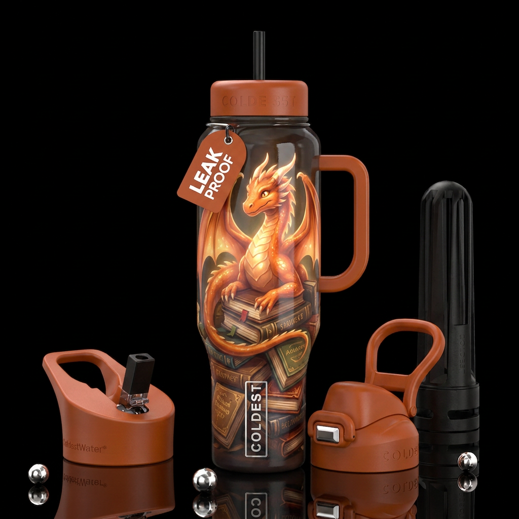 An orange dragon sits atop a mound of disorganized... water bottle design