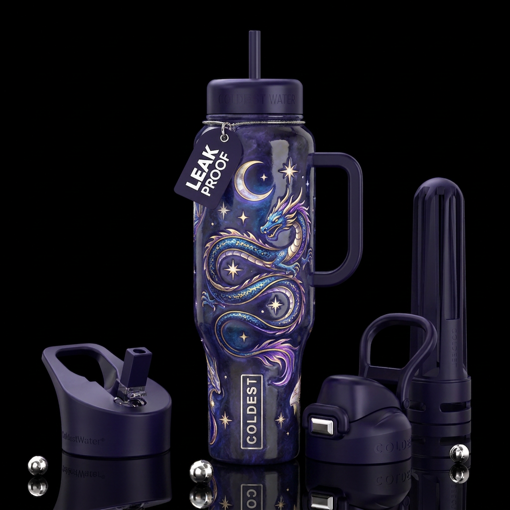 Moon and stars and a dragon,glossy, trompe-l'œil, ... water bottle design