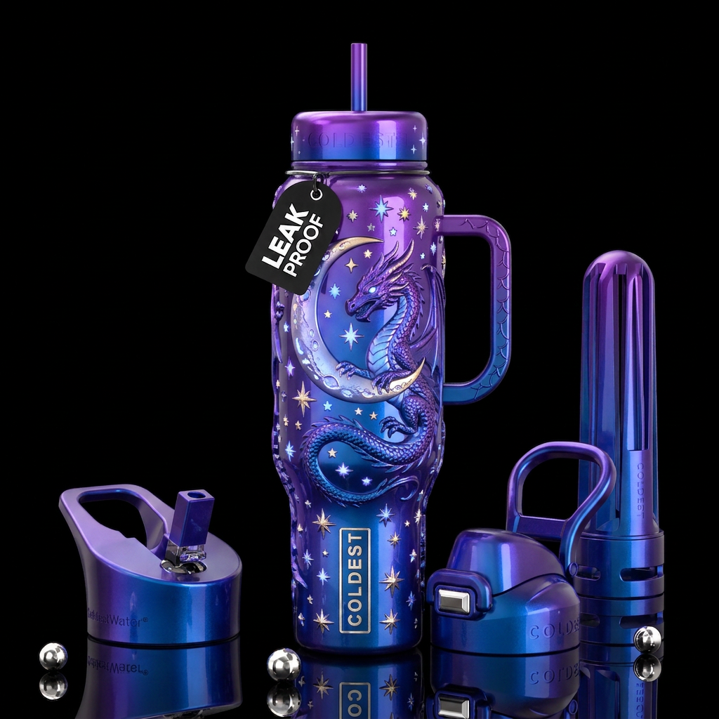 Moon and stars and a western dragon,glossy, trompe... water bottle design