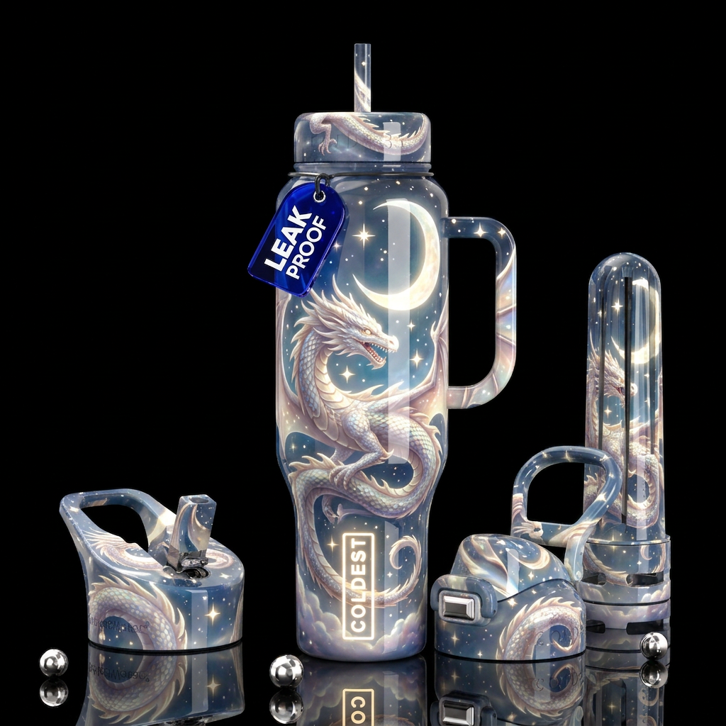 Moon and stars and a western dragon,glossy, trompe... water bottle design