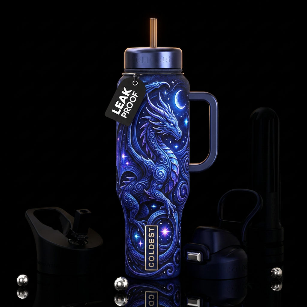 Moon and stars and a western dragon,glossy, trompe... water bottle design