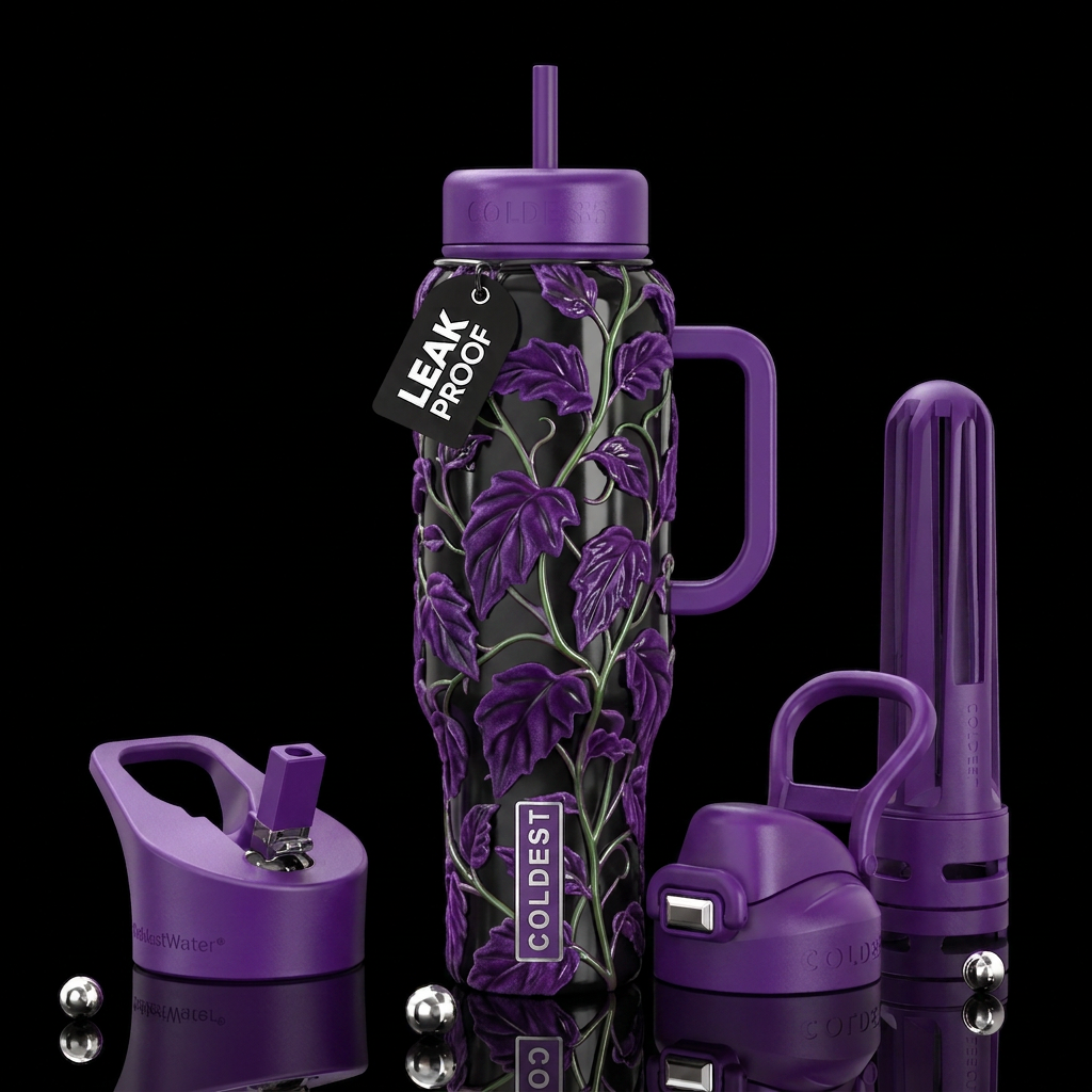Purple velvet vine plant, glossy, trompe-l'œil, be... water bottle design