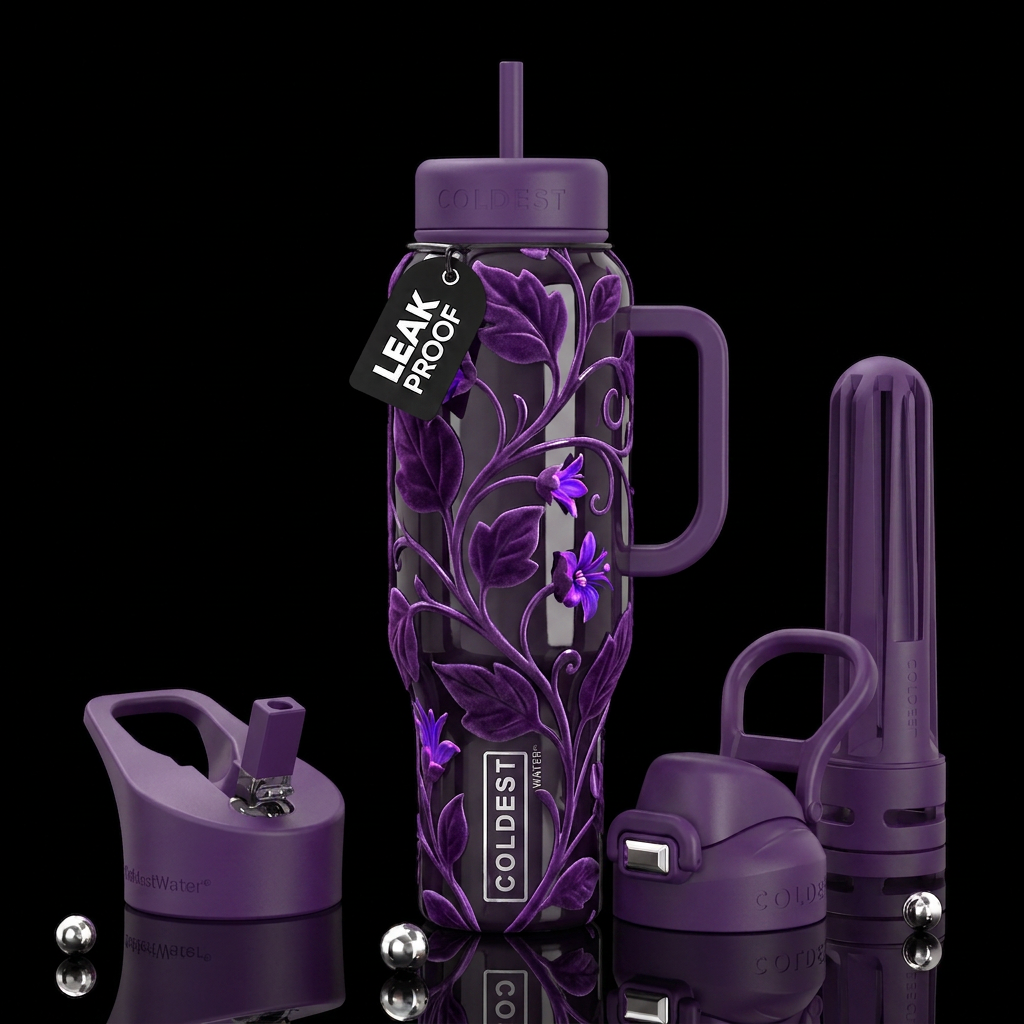 Purple velvet vine plant, glossy, trompe-l'œil, be... water bottle design