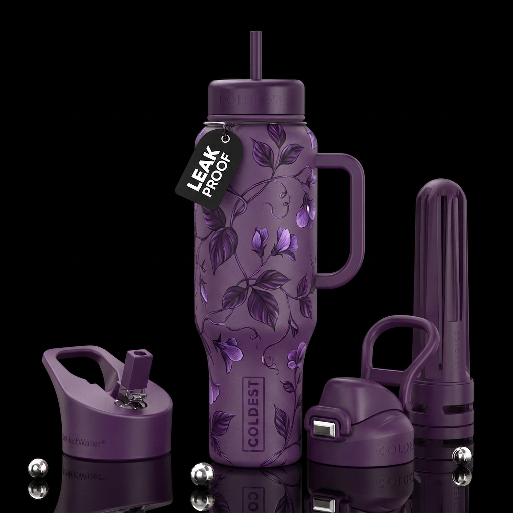 Purple  vine plant, glossy, trompe-l'œil, beautife... water bottle design