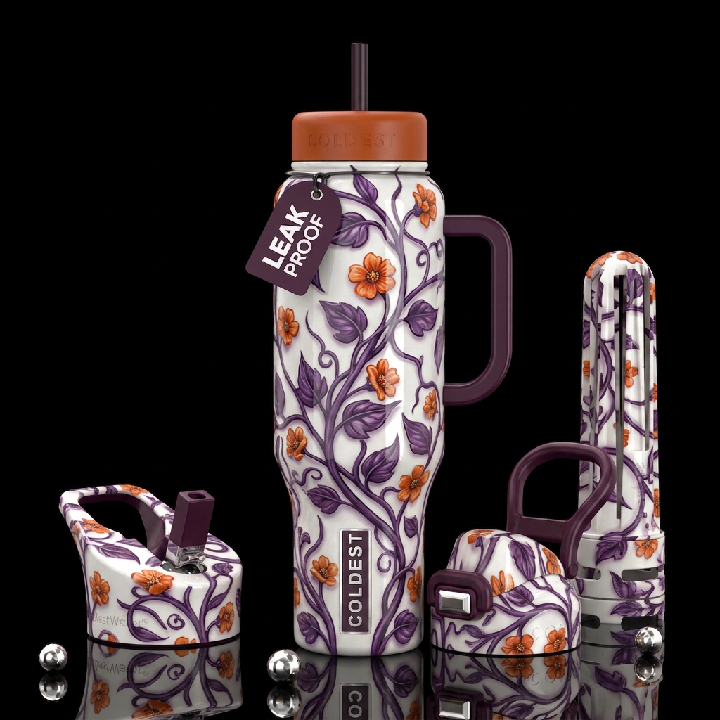 Purple  vine plant orangeflowers, glossy, trompe-l... water bottle design