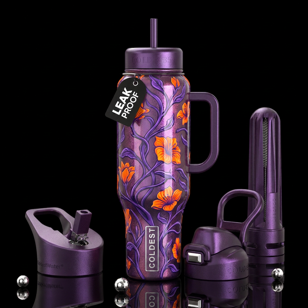 Purple  vine plant orangeflowers, glossy, trompe-l... water bottle design