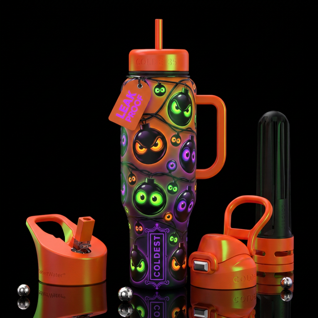 String of Halloween lights round black with neon g... water bottle design