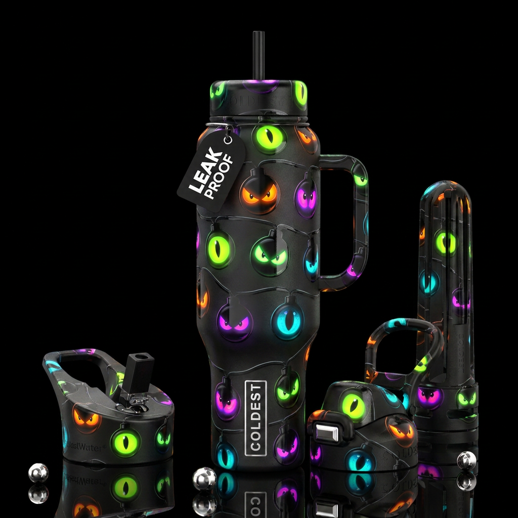 String of Halloween lights round black with neon g... water bottle design