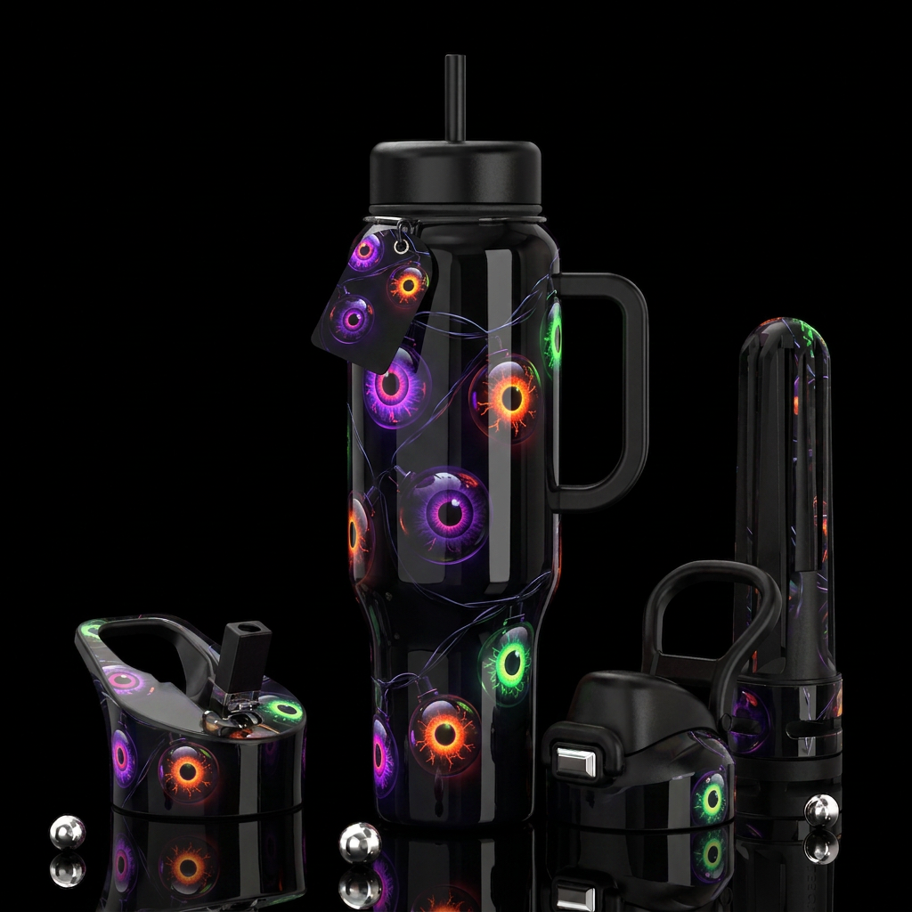 String of Halloween lights round black with neon g... water bottle design