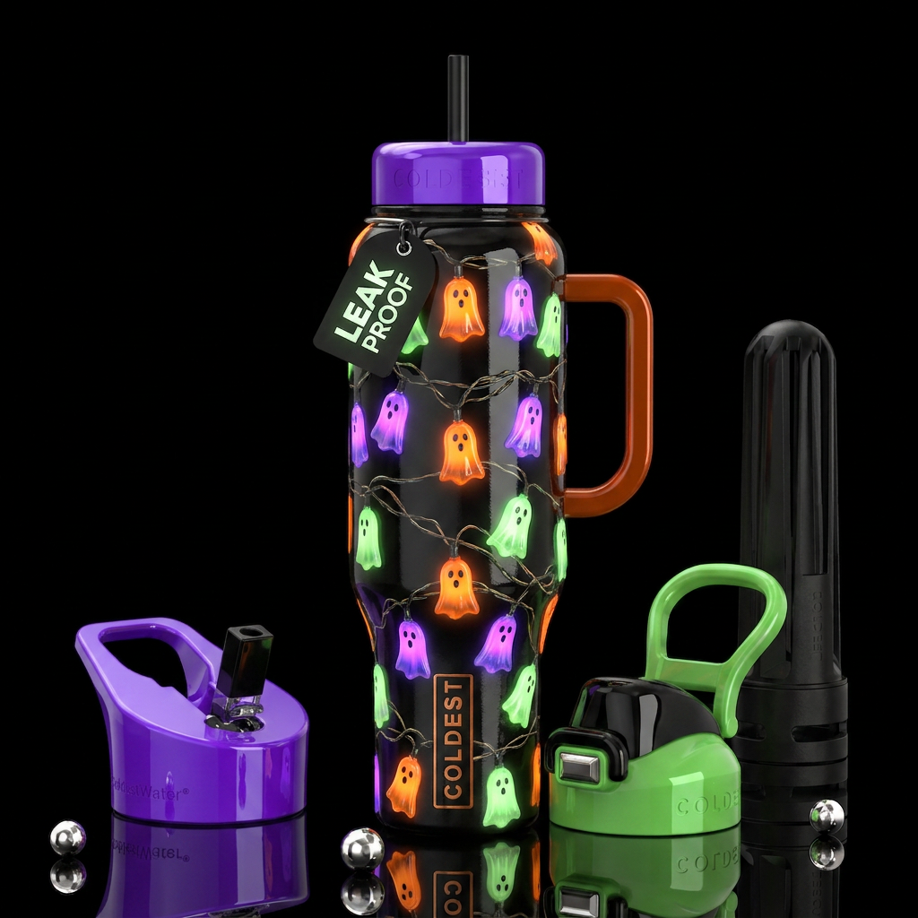 String of Halloween ghost lights, trompe-l'œil, be... water bottle design