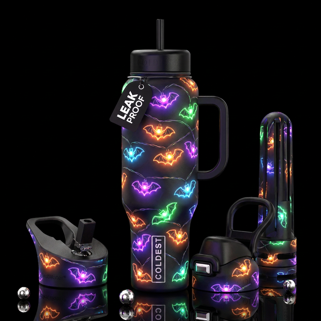 String of Halloween bat lights, trompe-l'œil, beau... water bottle design