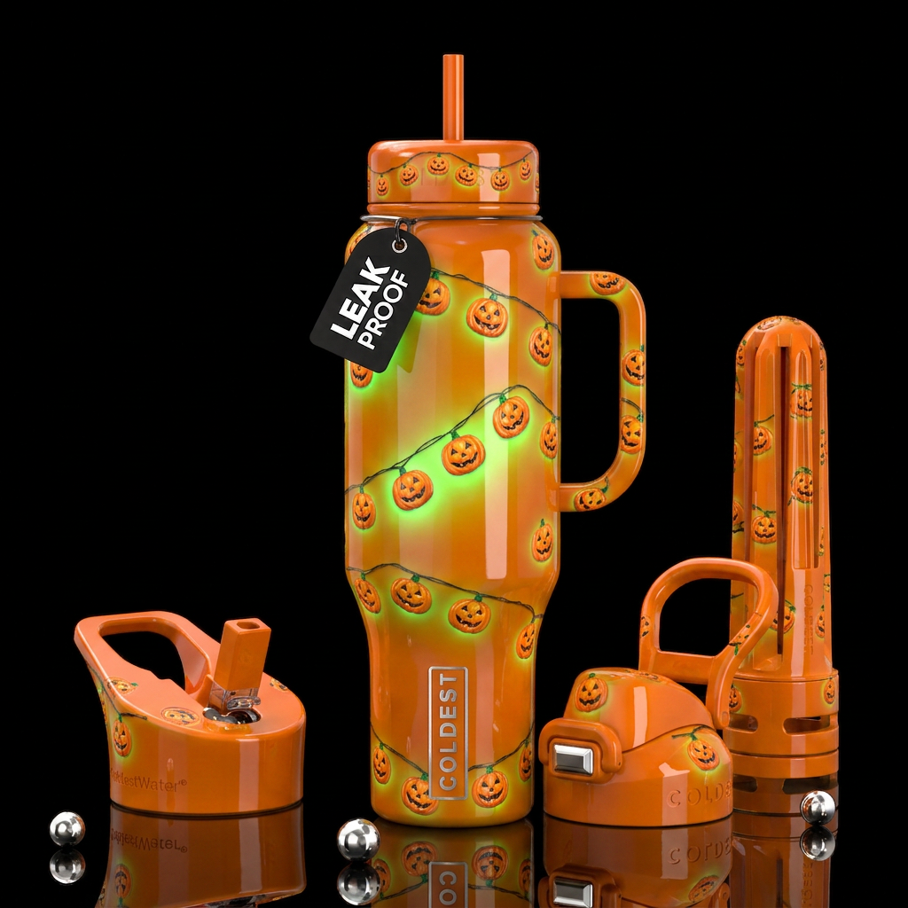 String of Halloween pumpkim lights, trompe-l'œil, ... water bottle design