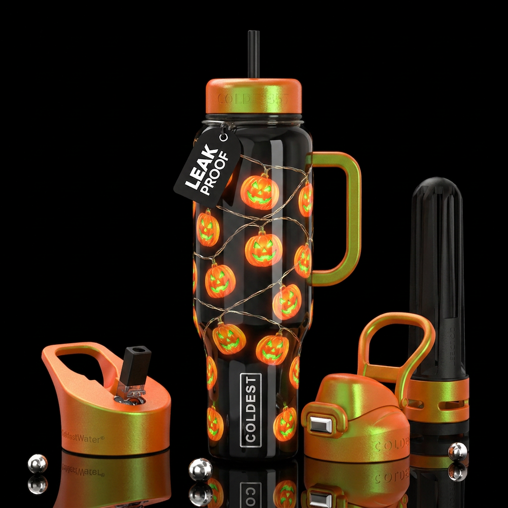 String of Halloween pumpkim lights, trompe-l'œil, ... water bottle design
