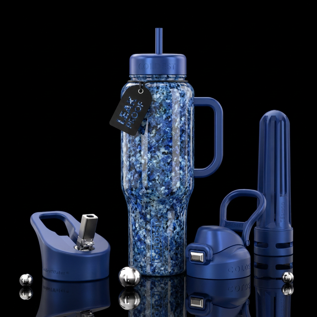 Blue granite, glossy, trompe-l'œil, beautiferous water bottle design