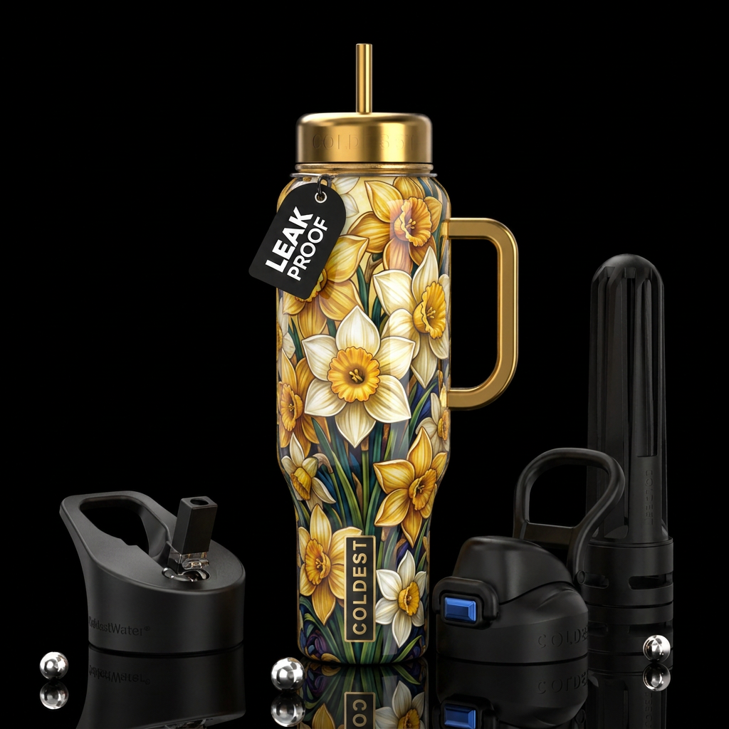 Narcissis,glossy, trompe-l'œil, beautiferous water bottle design