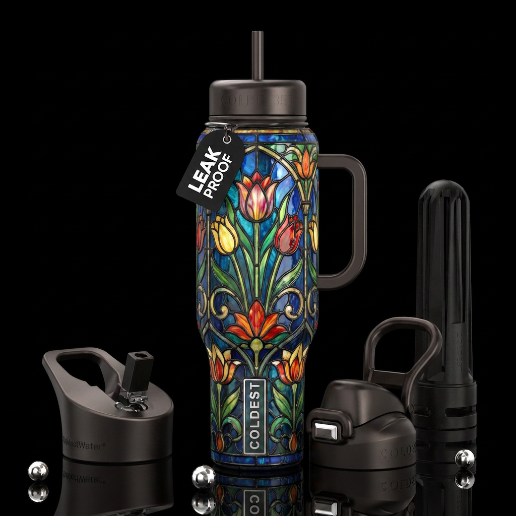 Tulips,glossy, trompe-l'œil, beautiferous,Tiffany ... water bottle design