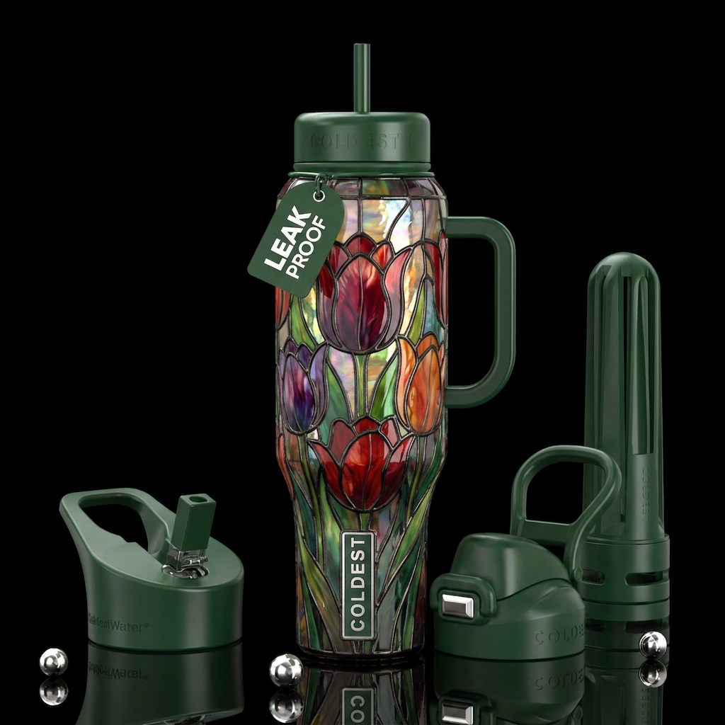 Tulips,glossy, trompe-l'œil, beautiferous,Tiffany ... water bottle design