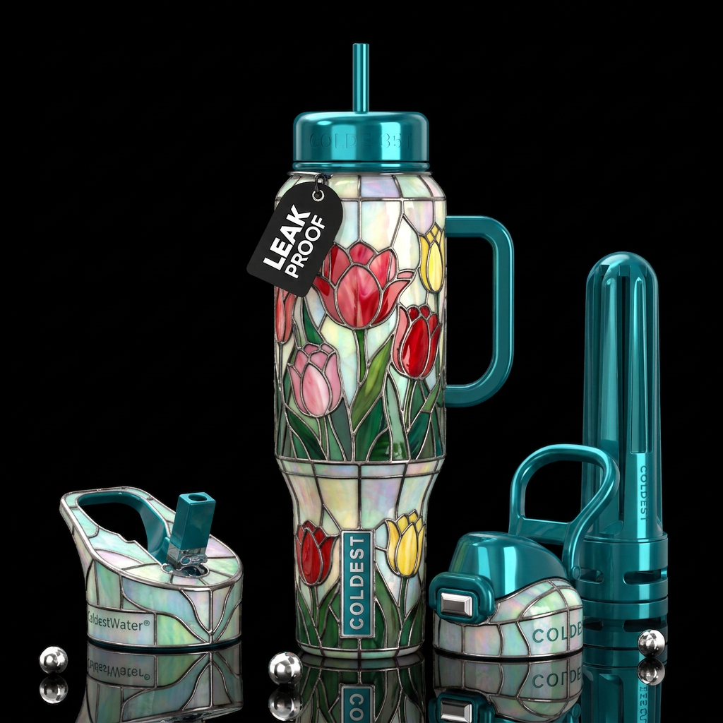 Tulips,glossy, trompe-l'œil, beautiferous,Tiffany ... water bottle design