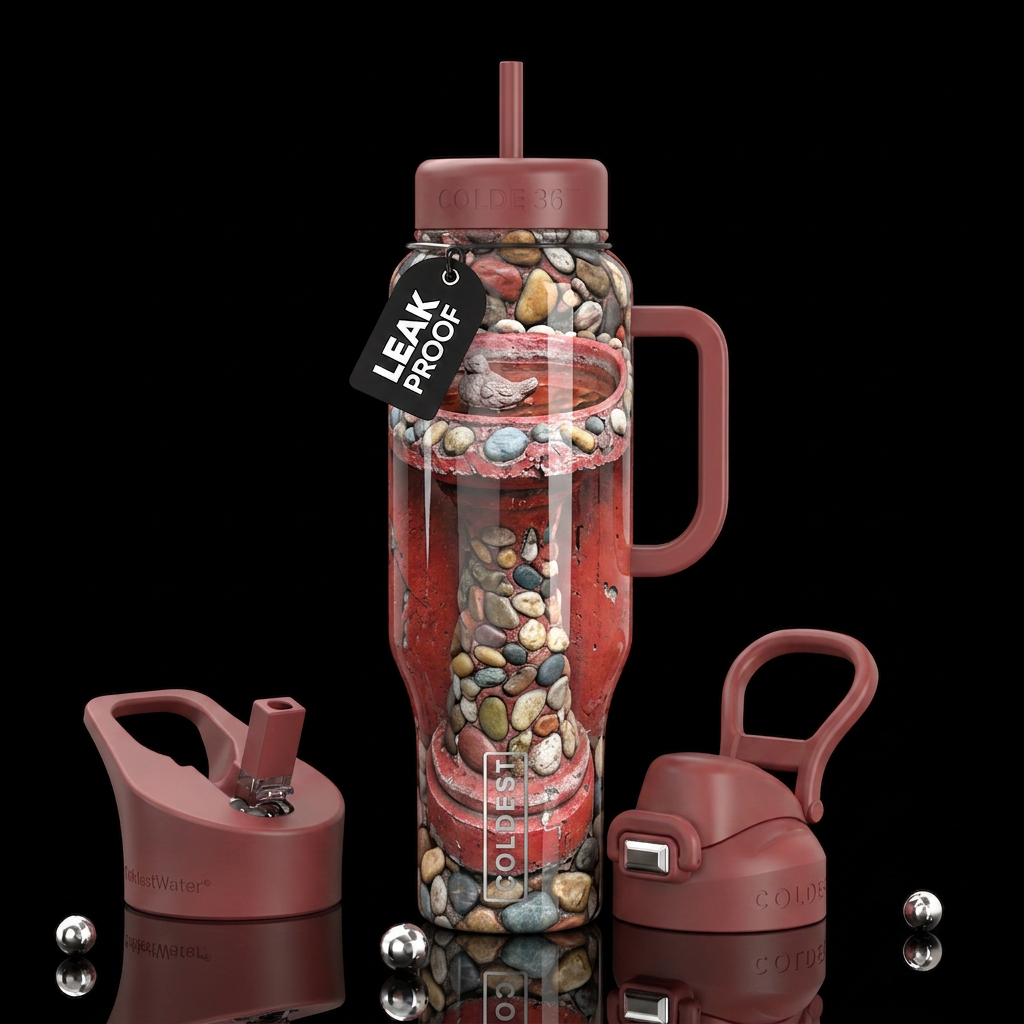 Red cement and stones bird bath,glossy, trompe-l'œ... water bottle design