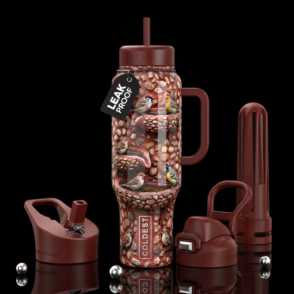 Red cement and stones bird bath, birds,glossy, tro... water bottle design