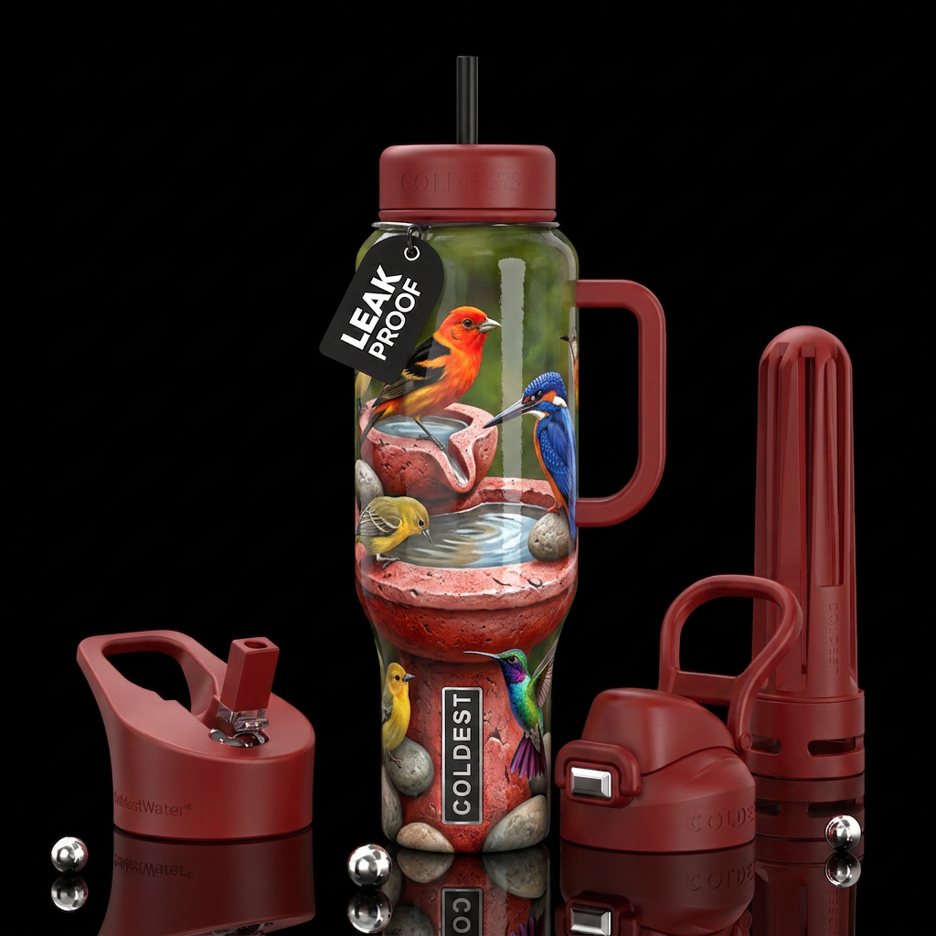 Red cement and stones bird bath, birds,glossy, tro... water bottle design