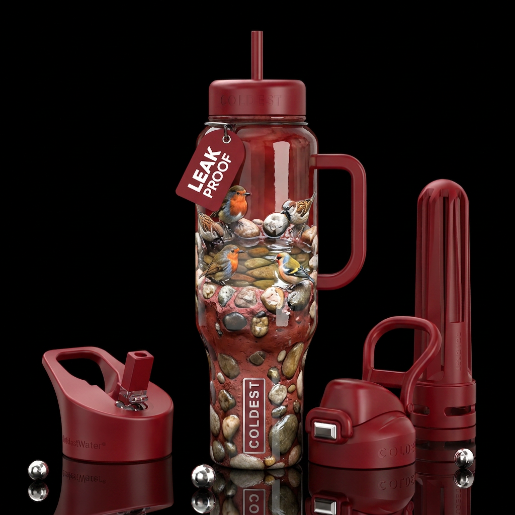 Red cement and stones pressed in itbird bath, bird... water bottle design