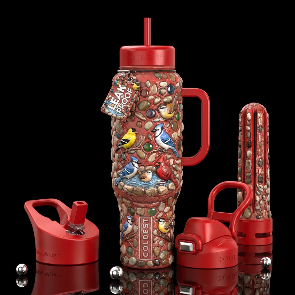 Red cement and stones pressed in itbird bath, bird... water bottle design